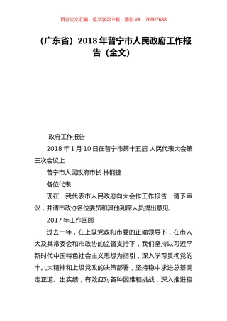 （广东省）2018年普宁市人民政府工作报告（全文）.doc