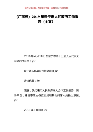 （广东省）2019年普宁市人民政府工作报告（全文）.doc