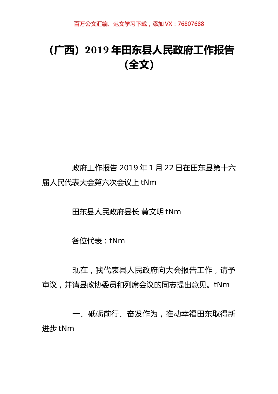 （广西）2019年田东县人民政府工作报告（全文）.doc_第1页