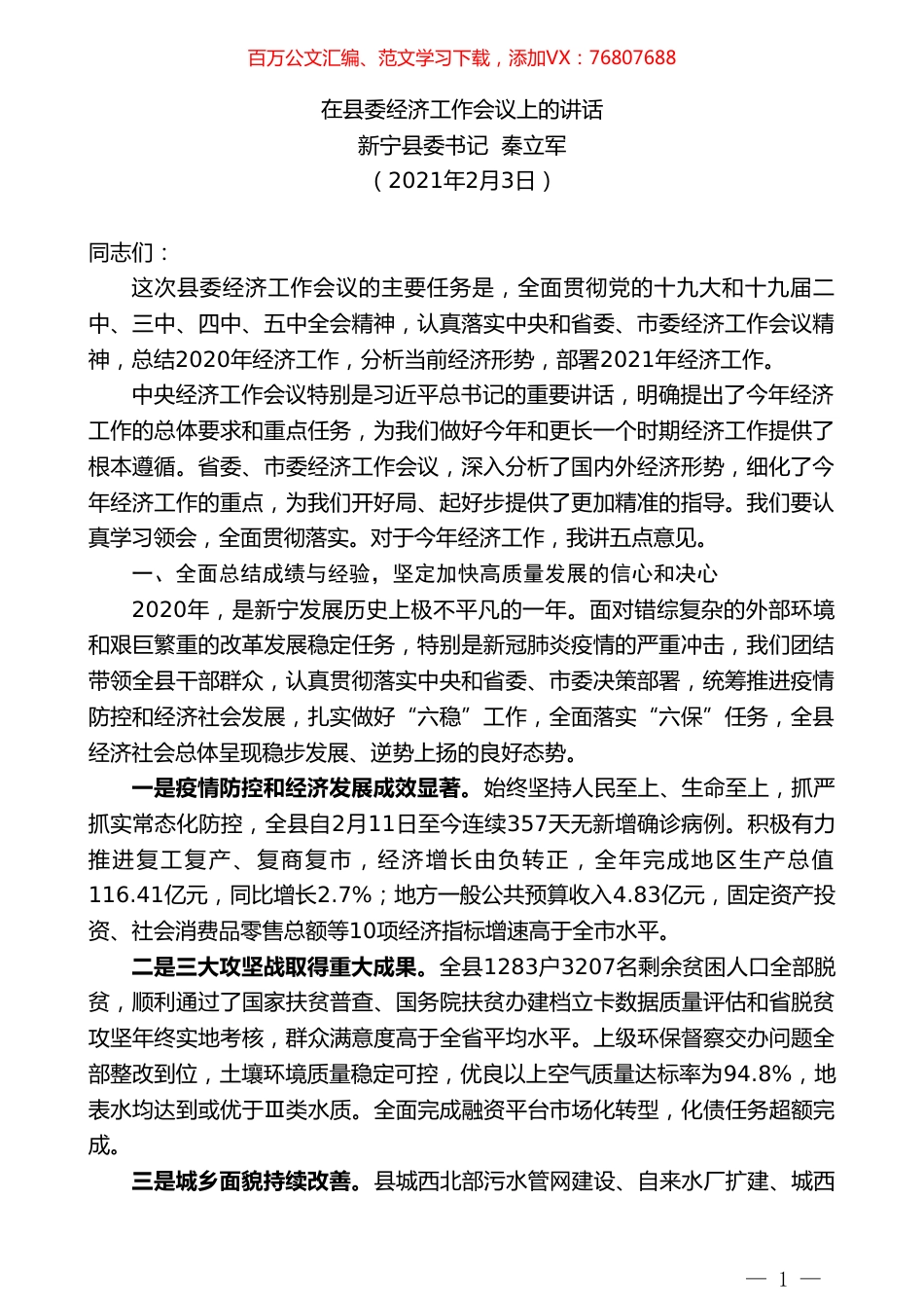 新宁县委书记秦立军：在县委经济工作会议上的讲话.doc_第1页