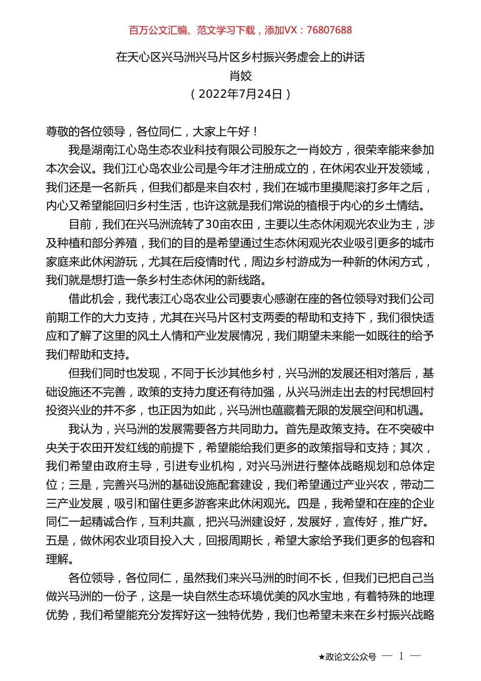肖姣：在天心区兴马洲兴马片区乡村振兴务虚会上的讲话.doc_第1页