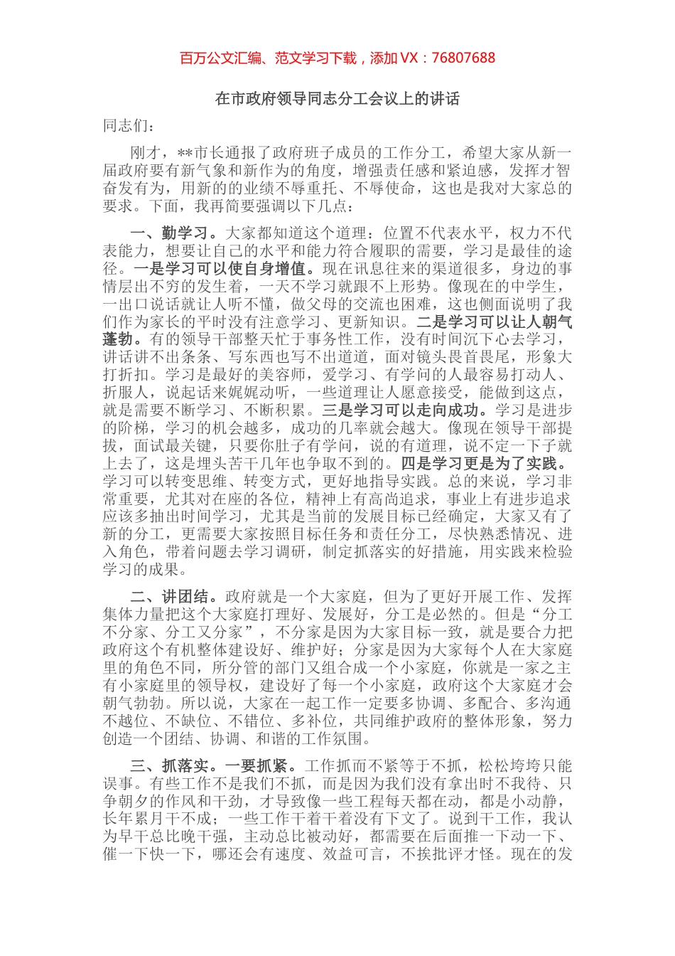 在市政府领导同志分工会议上的讲话.docx_第1页