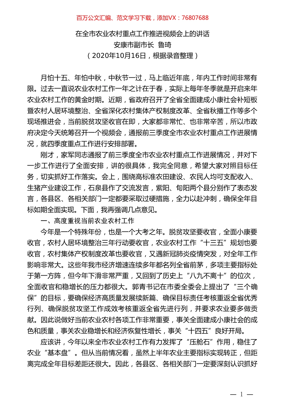 安康市副市长鲁琦：在全市农业农村重点工作推进视频会上的讲话.doc_第1页