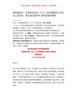 紫阳县县长：在县政府全体（扩大）会议暨廉政工作会议上的讲话：勇立潮头敢争先 谱写赶超新篇章.docx