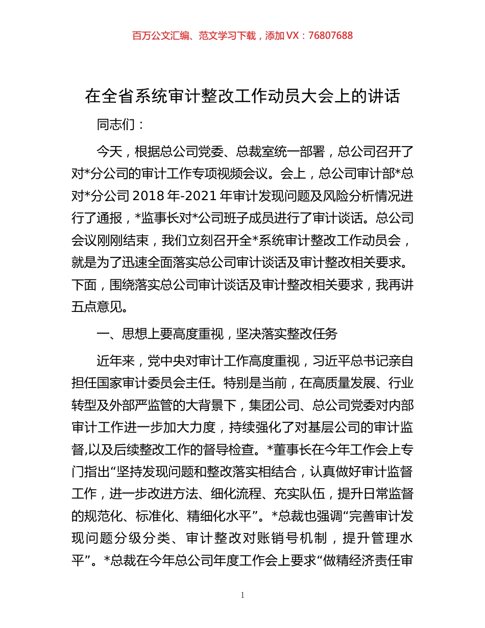 -在全省系统审计整改工作动员大会上的讲话.docx_第1页