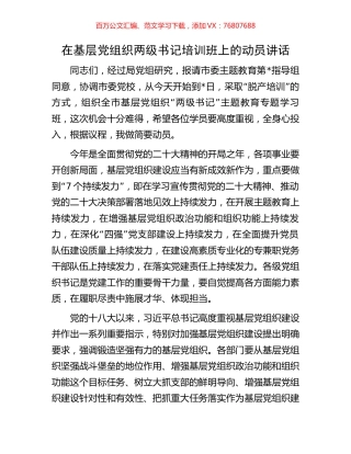 在基层党组织两级书记培训班上的动员讲话.docx