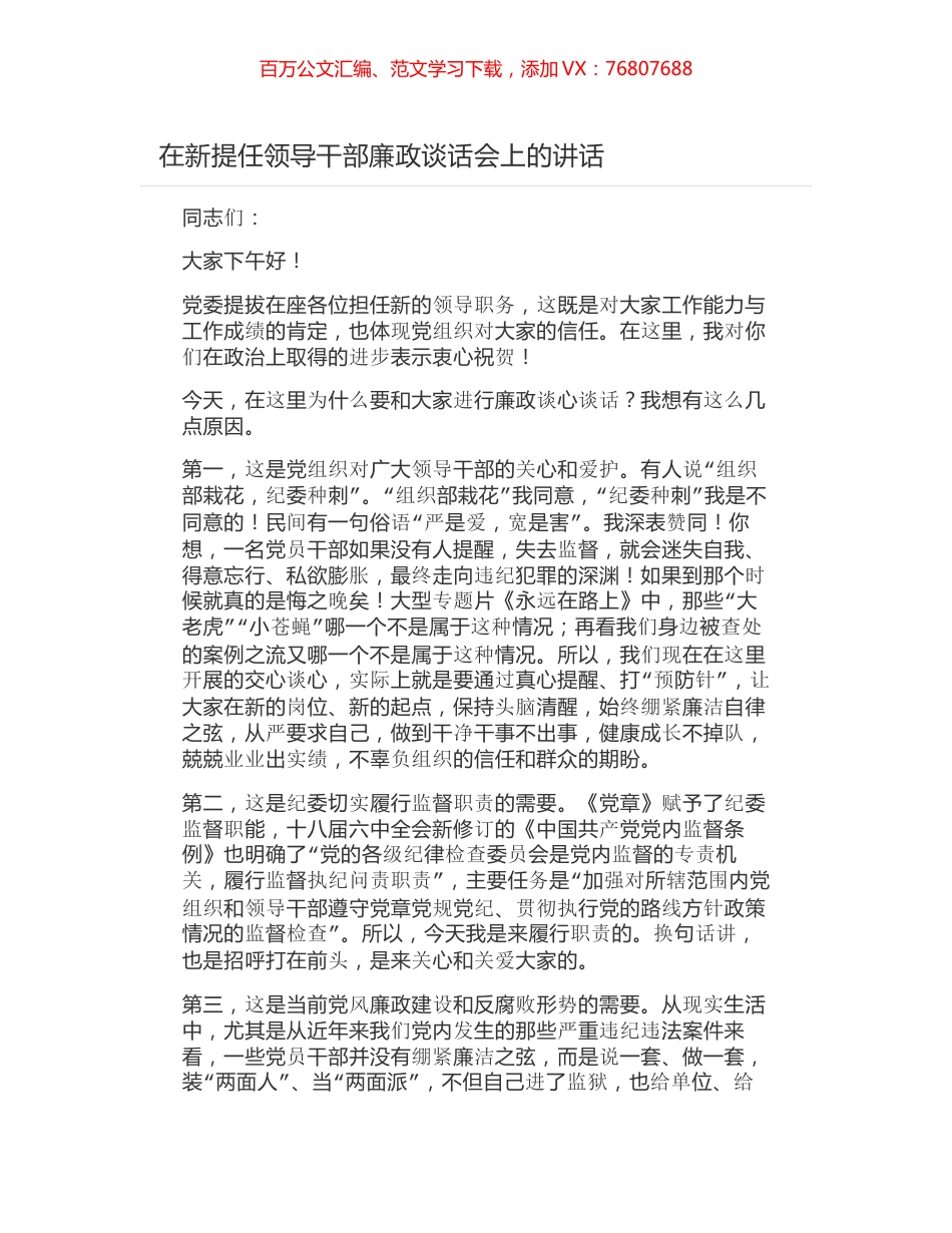 在新提任领导干部廉政谈话会上的讲话.docx_第1页