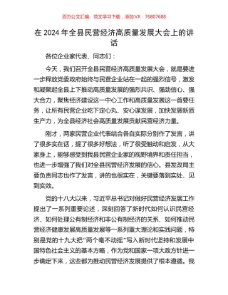 在2024年全县民营经济高质量发展大会上的讲话.docx