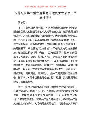 指导组在第二批主题教育专题民主生活会上的点评讲话.docx