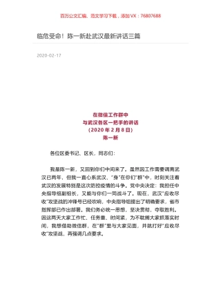 临危受命！陈一新赴武汉最新讲话三篇.docx