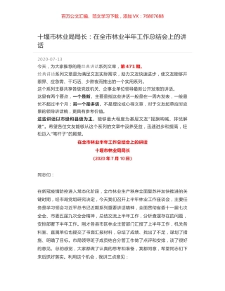 十堰市林业局局长：在全市林业半年工作总结会上的讲话.docx