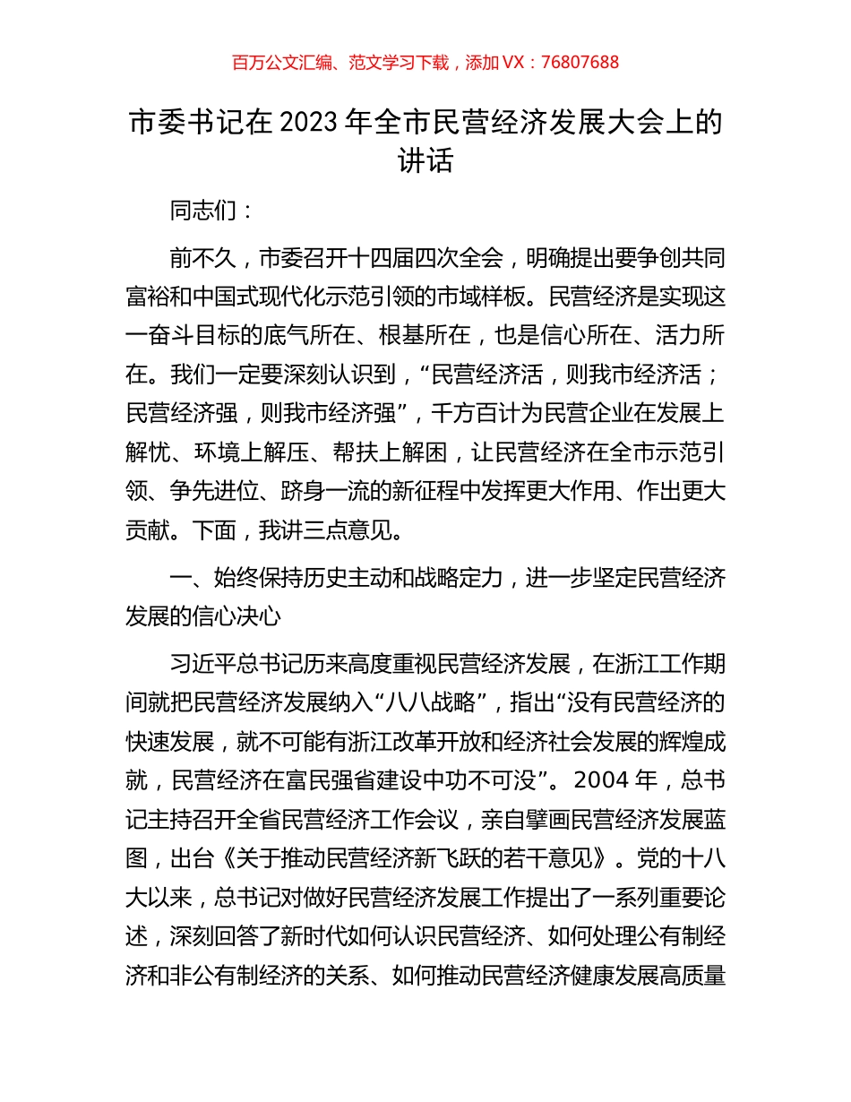 市委书记在2023年全市民营经济发展大会上的讲话.docx_第1页
