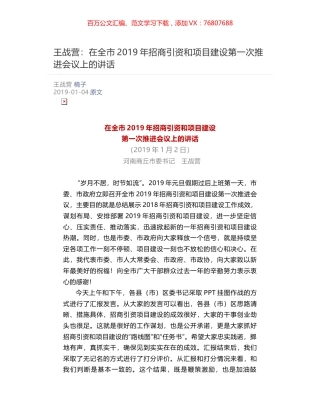 王战营：​在全市2019年招商引资和项目建设第一次推进会议上的讲话.docx