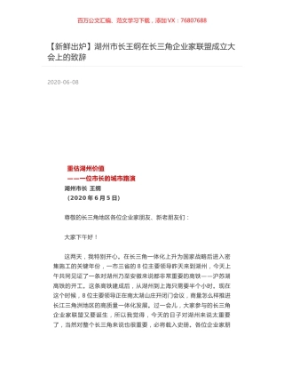 湖州市长王纲在长三角企业家联盟成立大会上的致辞.docx