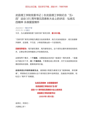 武昌理工学院党委书记：在武昌理工学院纪念“五•四”运动101周年暨五四表彰大会上的讲话：弘扬五四精神  永葆爱国情怀.docx