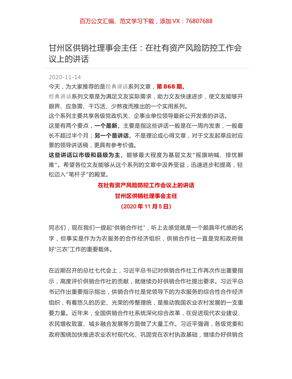 甘州区供销社理事会主任：在社有资产风险防控工作会议上的讲话.docx_第1页