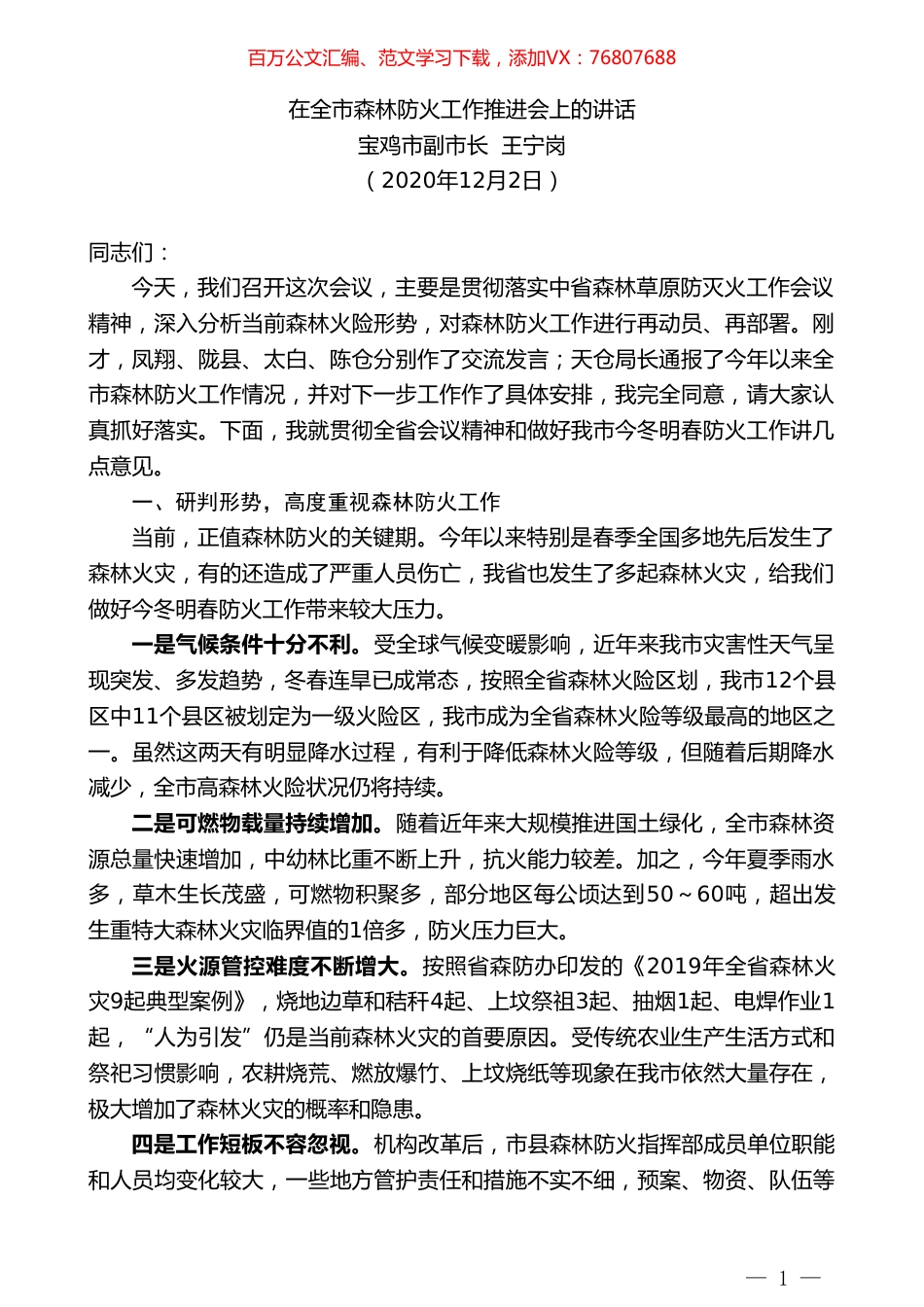 宝鸡市副市长王宁岗：在全市森林防火工作推进会上的讲话.doc_第1页