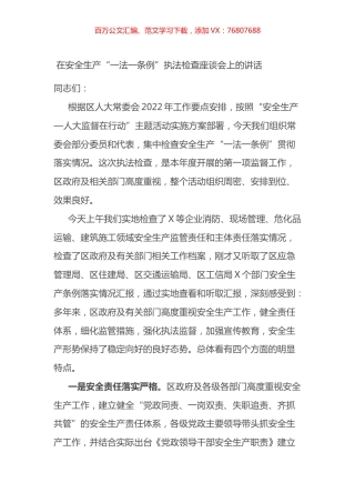 在安全生产“一法一条例”执法检查座谈会上的讲话.docx