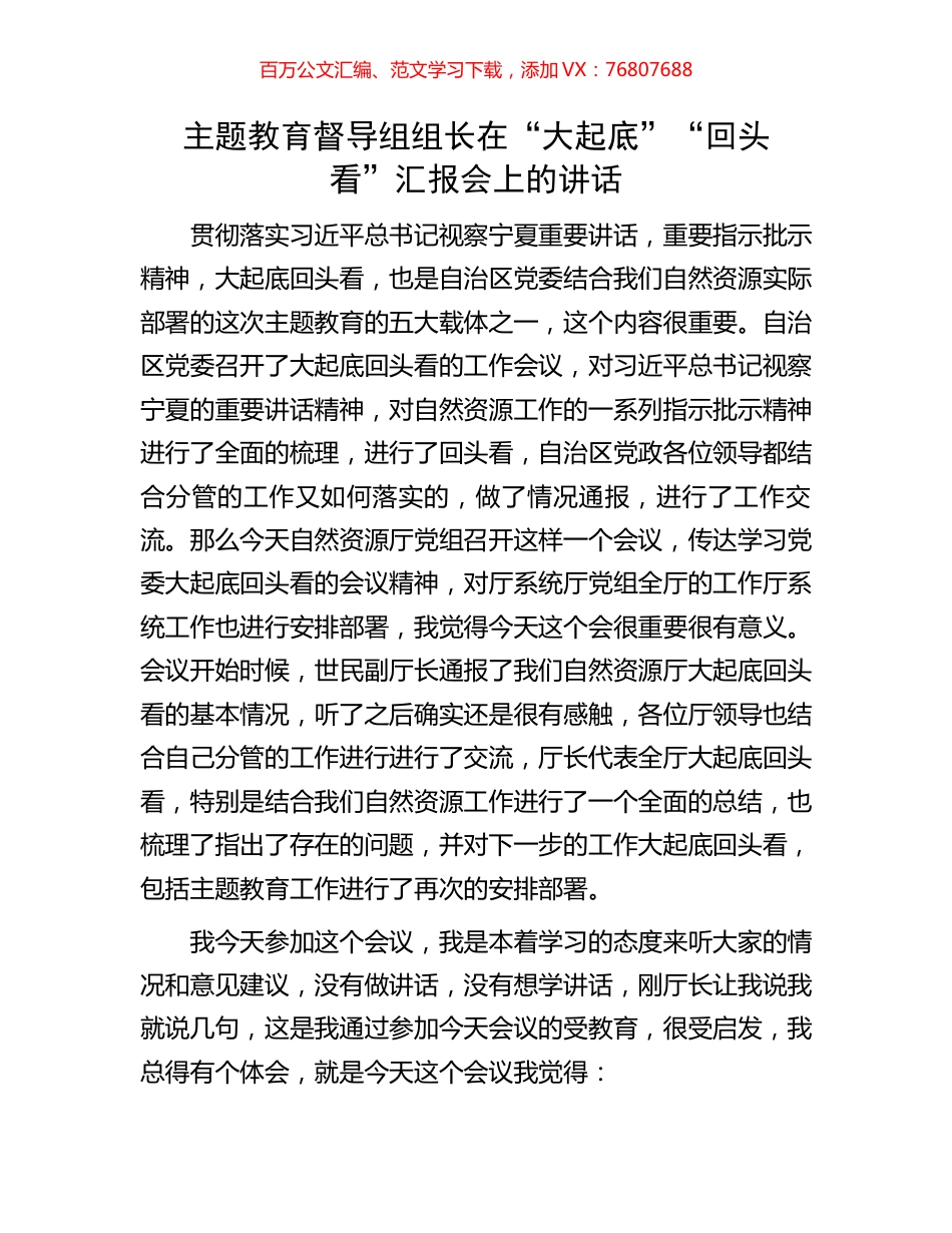 主题教育督导组组长在“大起底”“回头看”汇报会上的讲话.docx_第1页