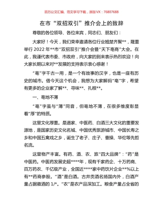 在市“双招双引”推介会上的致辞.docx