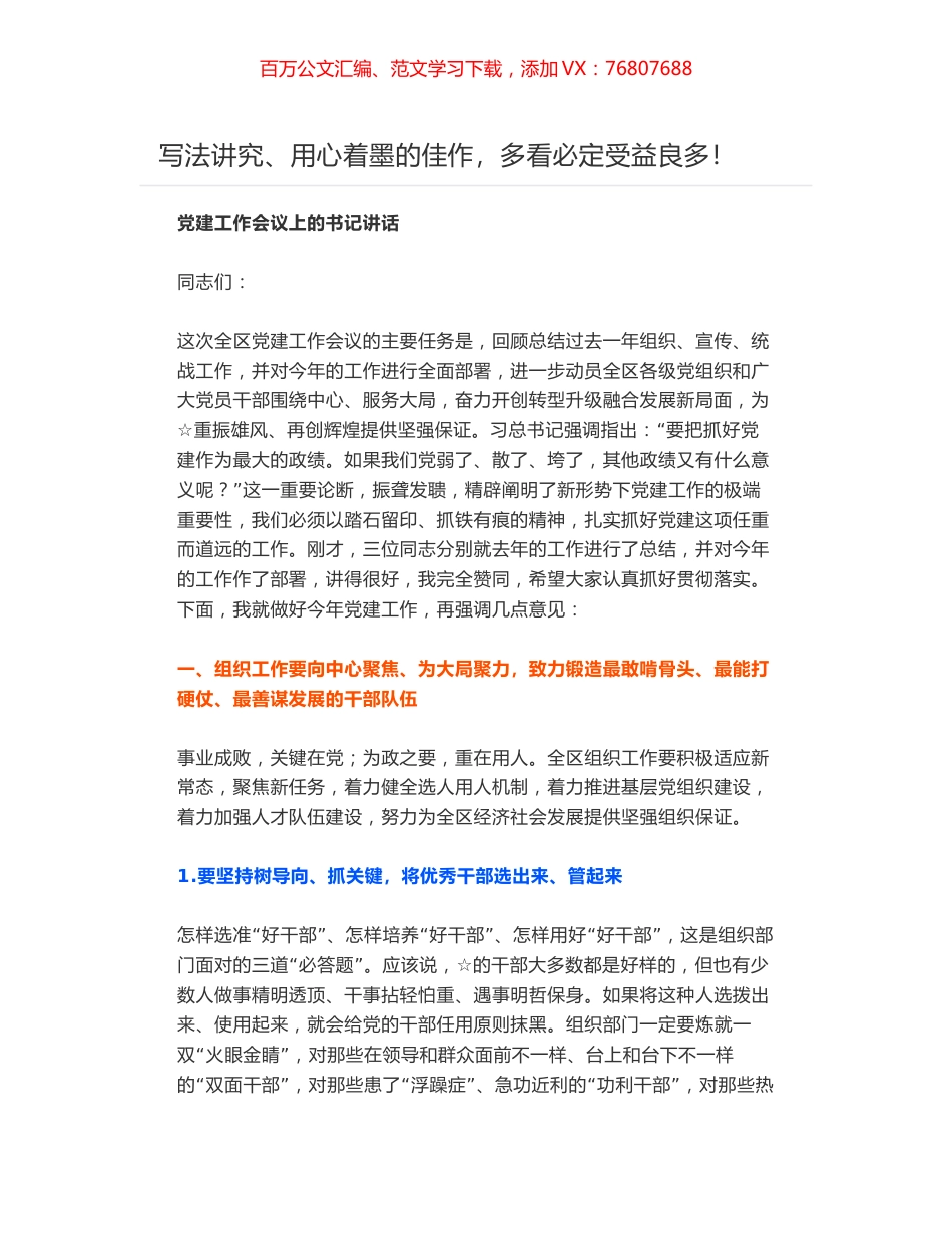 写法讲究、用心着墨的佳作 党建工作会议上的书记讲话.docx_第1页