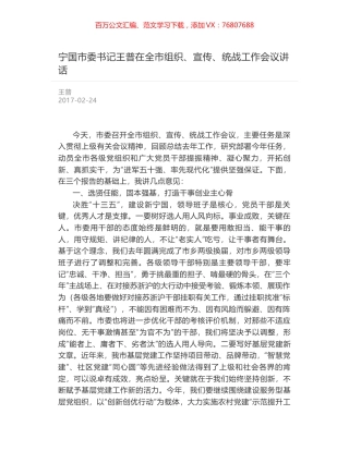 宁国市委书记王普在全市组织、宣传、统战工作会议讲话.docx