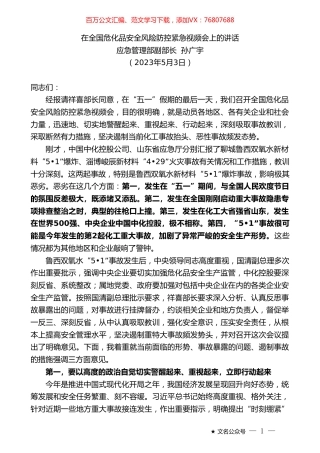 应急管理部副部长孙广宇：在全国危化品安全风险防控紧急视频会上的讲话.doc