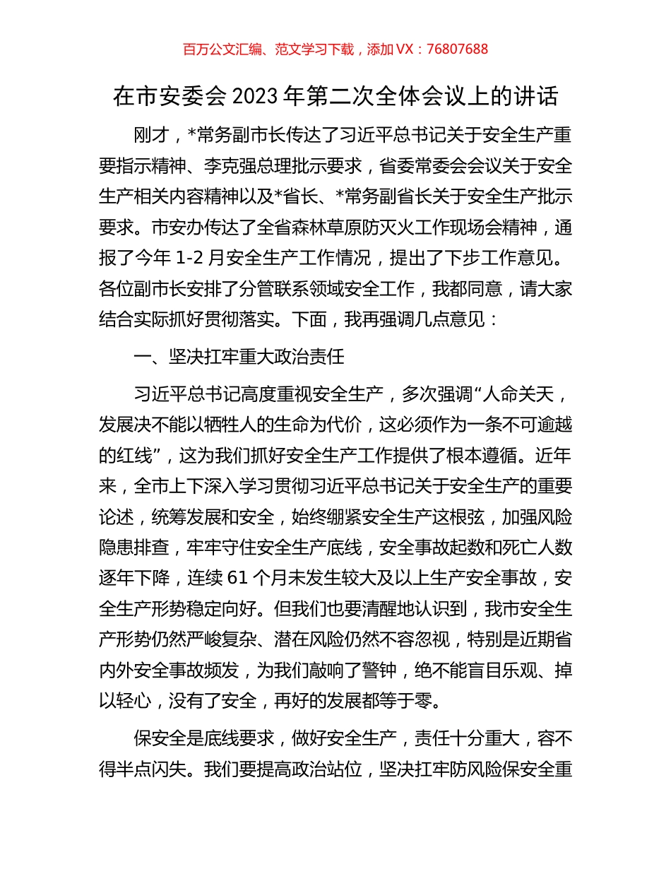 在市安委会2023年第二次全体会议上的讲话.docx_第1页