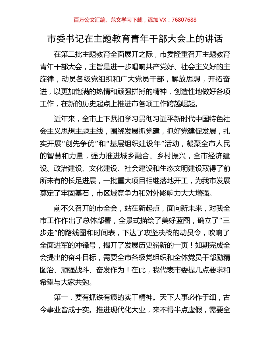 市委书记在主题教育青年干部大会上的讲话.docx_第1页