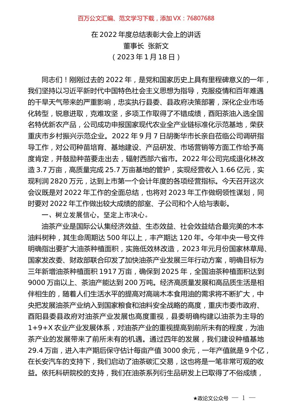 董事长张新文：在2022年度总结表彰大会上的讲话.doc_第1页