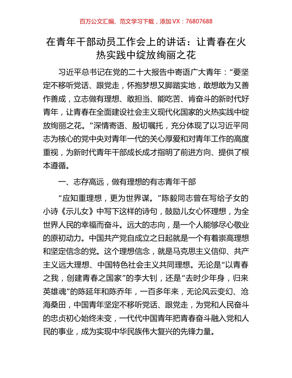 在青年干部动员工作会上的讲话：让青春在火热实践中绽放绚丽之花.docx_第1页