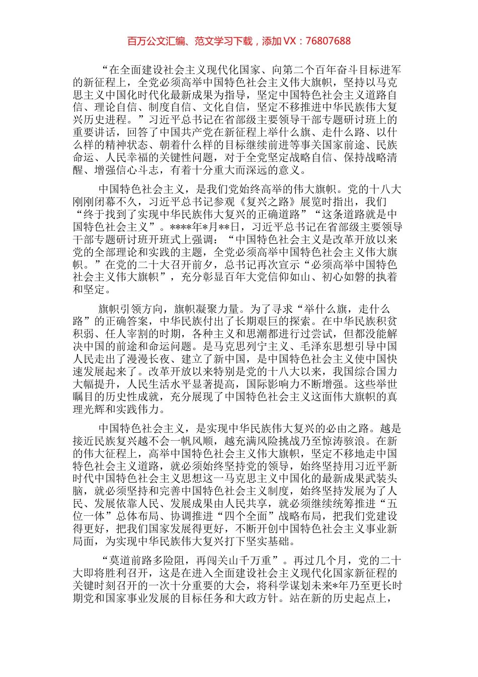 学习省部级领导干部研讨班讲话研讨发言：高举旗帜，奋力新征程.docx_第1页
