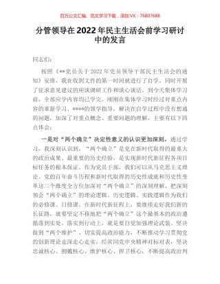 分管领导在2022年民主生活会前学习研讨中的发言.docx