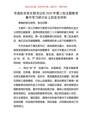 市直机关党支部书记在2023年第二批主题教育集中学习研讨会上的发言材料.docx