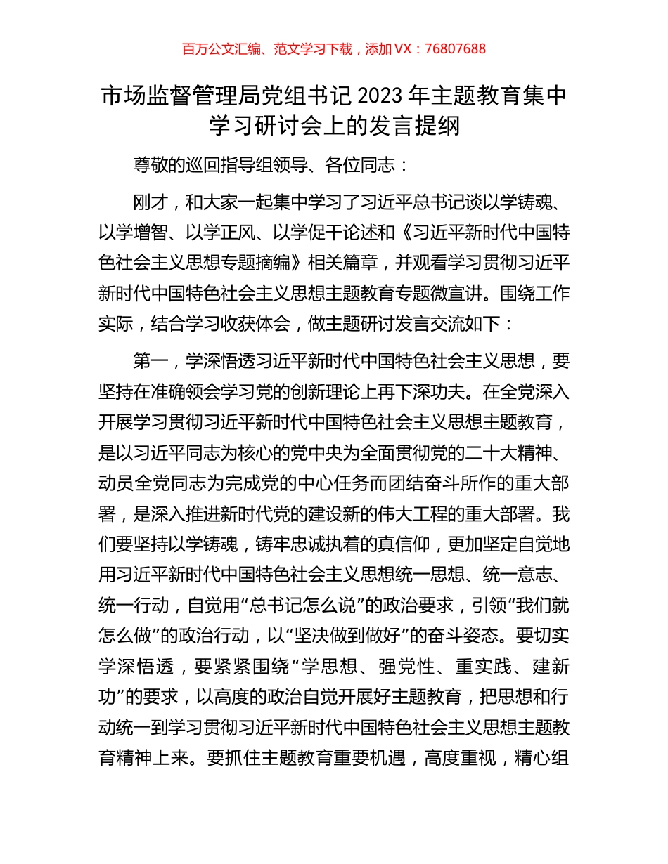 市场监督管理局党组书记2023年主题教育集中学习研讨会上的发言提纲.docx_第1页