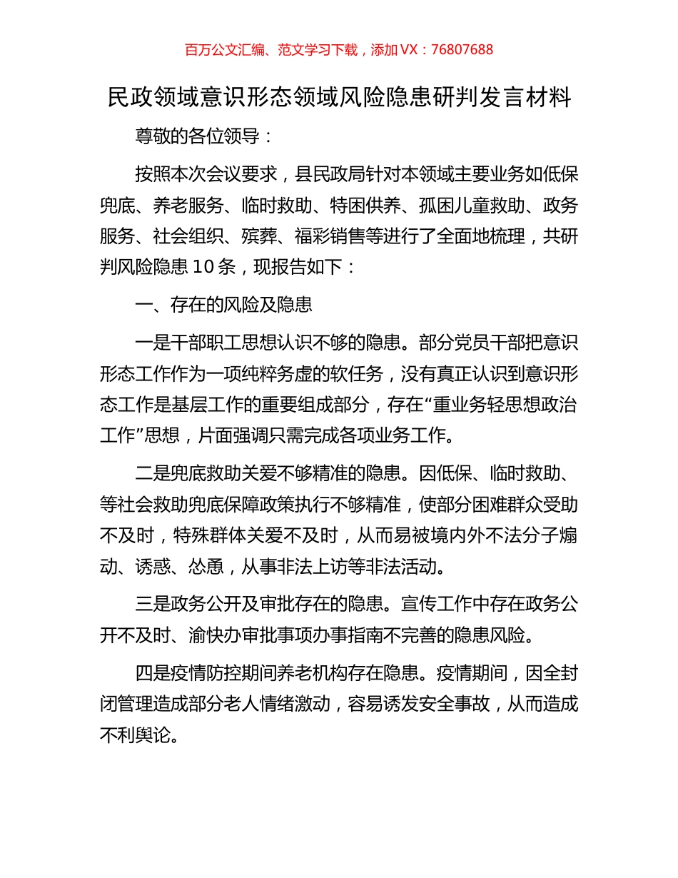 民政领域意识形态领域风险隐患研判发言材料.docx_第1页