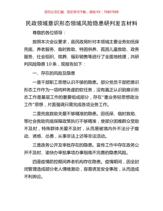 民政领域意识形态领域风险隐患研判发言材料.docx