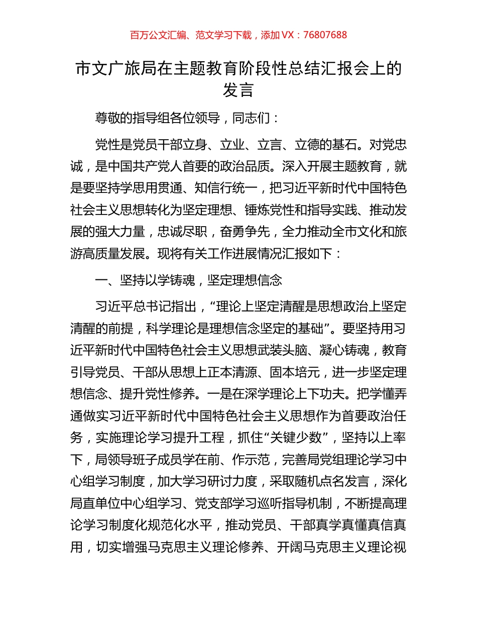 市文广旅局在主题教育阶段性总结汇报会上的发言.docx_第1页