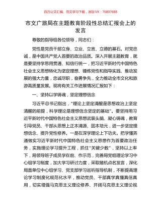 市文广旅局在主题教育阶段性总结汇报会上的发言.docx