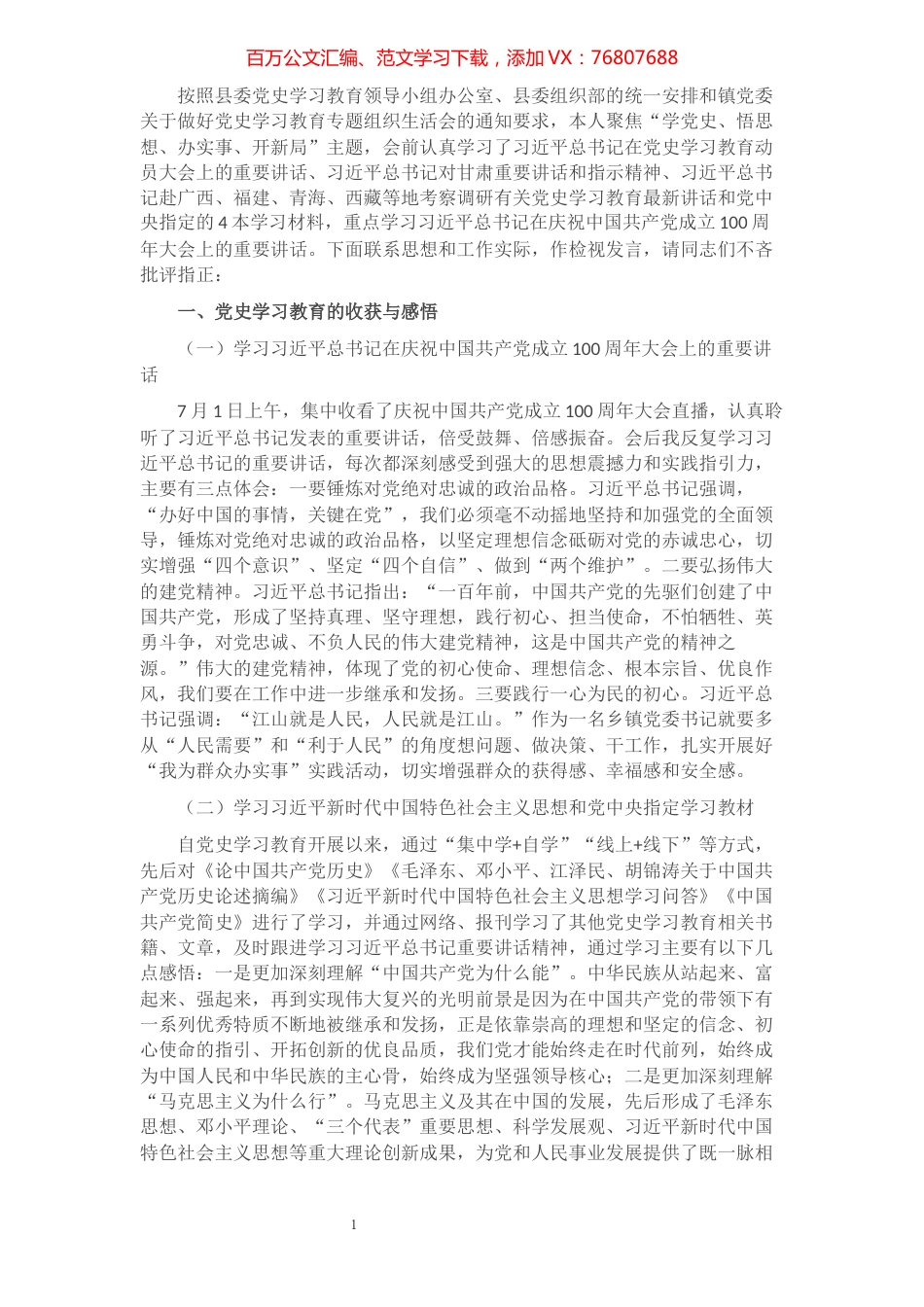 乡镇党委书记党史学习教育专题组织生活会个人发言提纲.docx_第1页