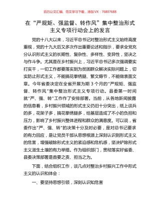 在“严规矩、强监督、转作风”集中整治形式主义专项行动会上的发言.docx