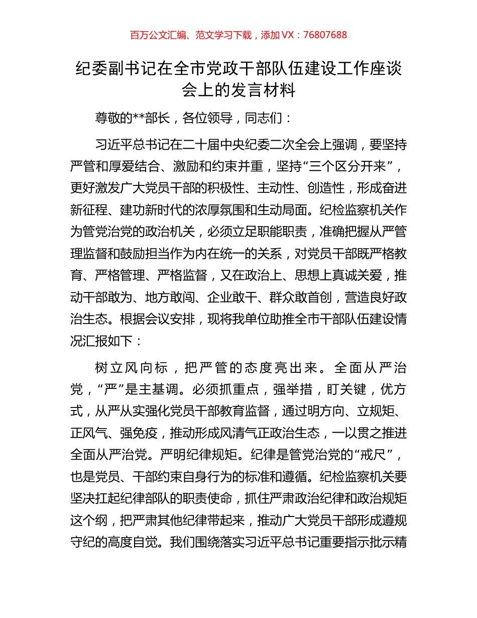 纪委副书记在全市党政干部队伍建设工作座谈会上的发言材料.docx_第1页