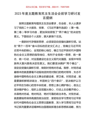 2023年度主题教育民主生活会会前学习研讨发言提纲.docx