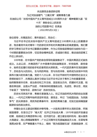 油田公司团委书记岳英迪：在“庆祝中国共产主义青年团成立100周年大会”精神暨第九届“双十杰”表彰会议上的发言.doc