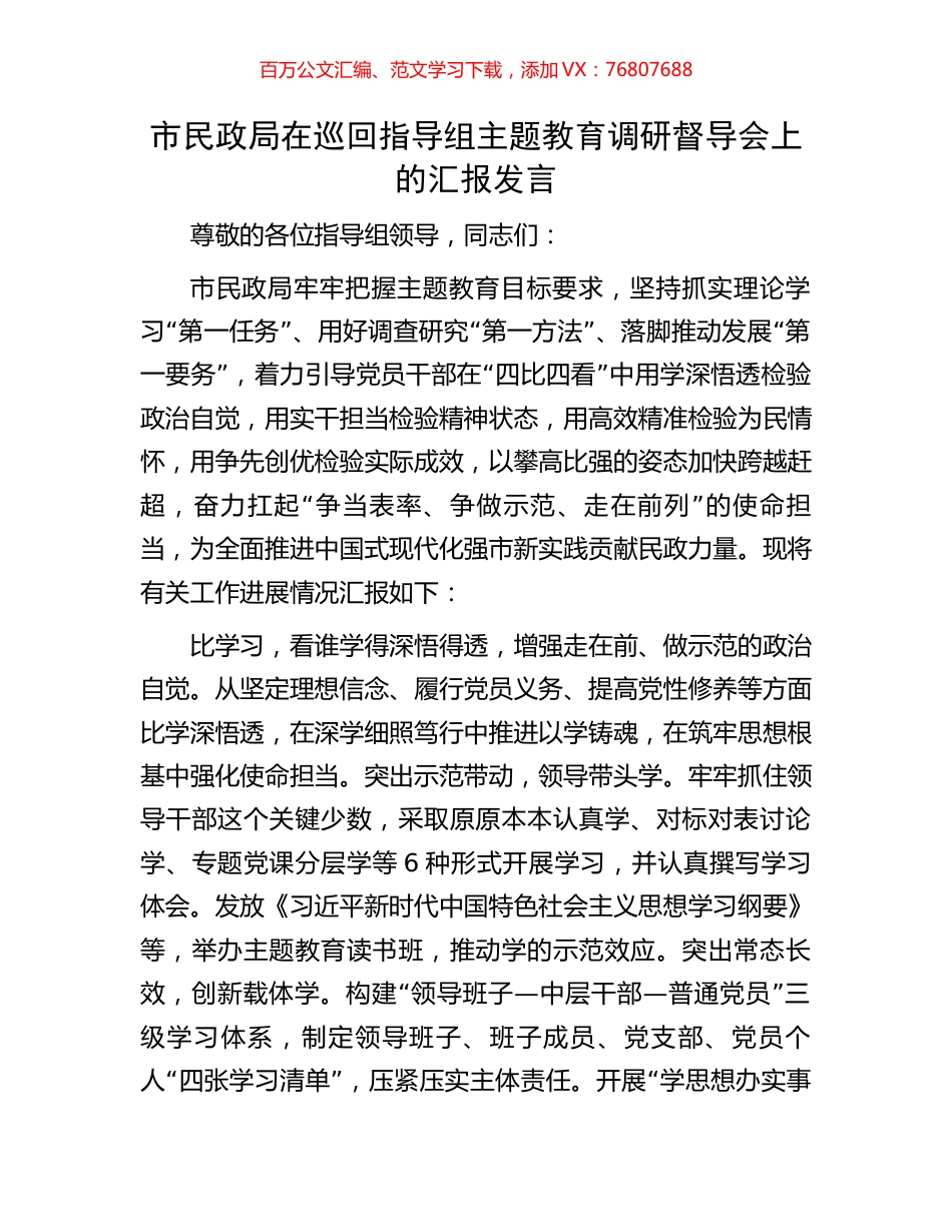 市民政局在巡回指导组主题教育调研督导会上的汇报发言.docx_第1页