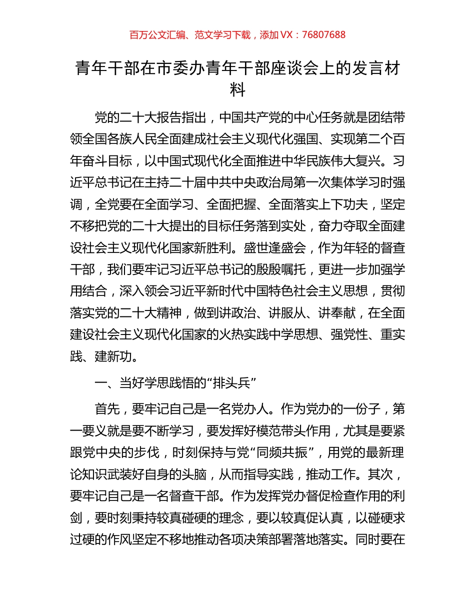 青年干部在市委办青年干部座谈会上的发言材料.docx_第1页