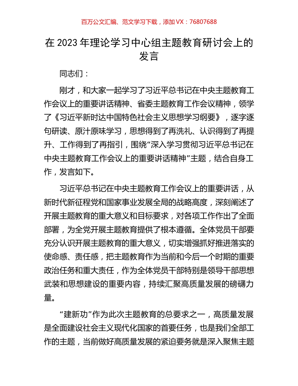 在2023年理论学习中心组主题教育研讨会上的发言.docx_第1页