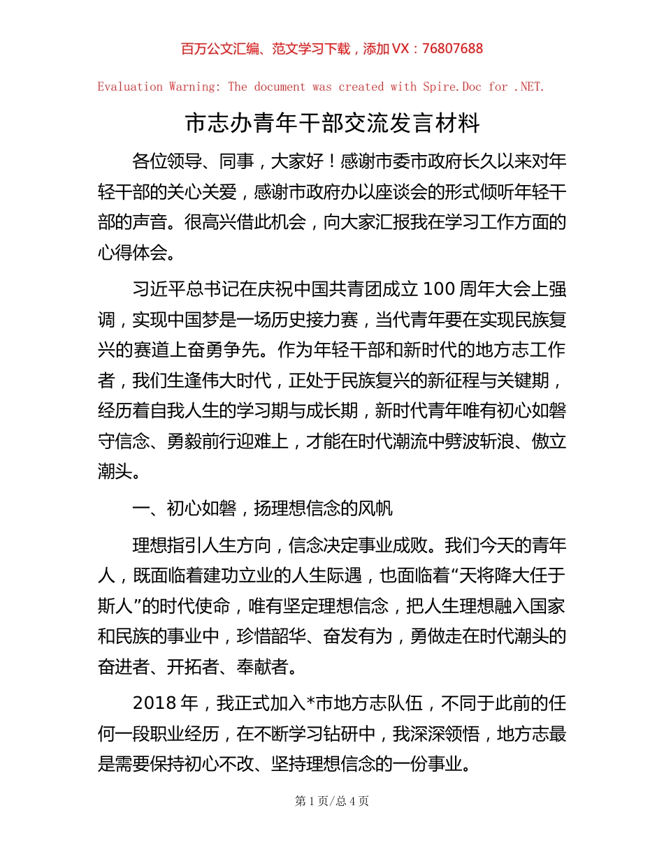 市志办青年干部交流发言材料【稿子汇】.docx_第1页