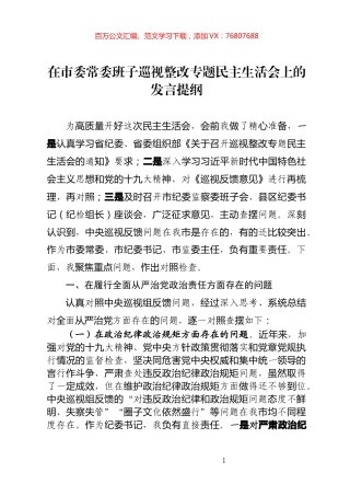 在市委常委班子巡视整改专题民主生活会上的发言提纲.docx
