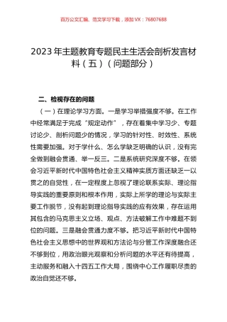 2023年主题教育专题民主生活会剖析发言材料（五）（问题部分）.docx